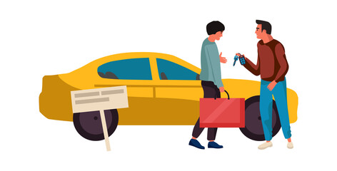 Sale or rent automobile. Agent sells vehicle. Dealer gives key to new auto owner. Car sharing service. People make deal to buy yellow sedan. Men talking outdoor. Vector illustration