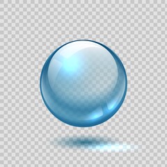 Clear glass bubble. Realistic blue sphere. 3D ball on transparent background. Glossy crystal object with shadow and light reflection. Circle shape lens template. Vector round water drop