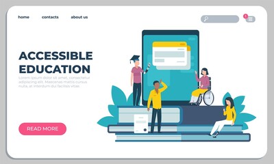 Accessible education landing page. Online learning for disabled people. Website design. Interface template with buttons. Studying assistance for handicapped persons. Vector UI mockup