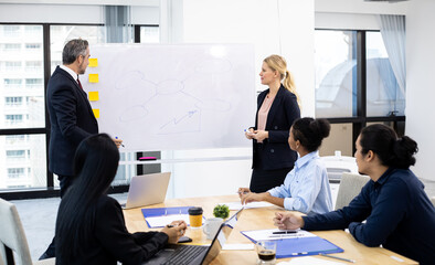 Business man and woman offering information on the board to team.