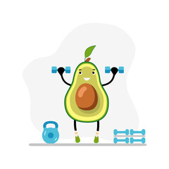 Fitness avocado in gym with dumbbells. Vector weightlifting