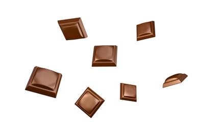 3d illustration of yummy chocolate pieces and bar on white background