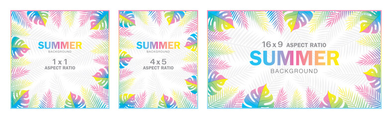 Colorful lively gradient tropical leaves background with copy space in summer style. 