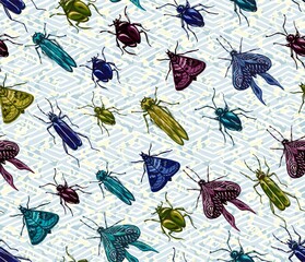 Seamless pattern of beetles, butterflies and moths drawn in gouache. Trending botanical background with various insects. Wild animals in pattern for textiles and typography