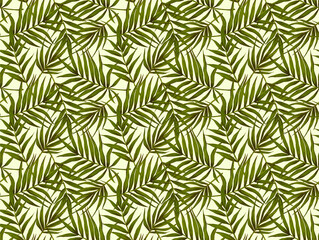 Seamless pattern of gouache-painted palm leaves. Botanical background with tropical plants