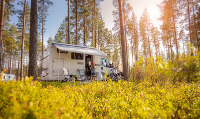 Family vacation travel RV, holiday trip in motorhome