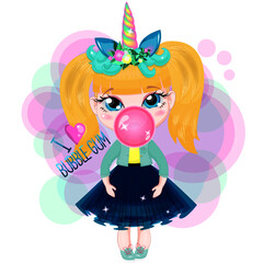 Little girl with rainbow unicorn horn and wreath of flowers, bubble pink chewing gum. Cute baby in a fluffy skirt and jacket