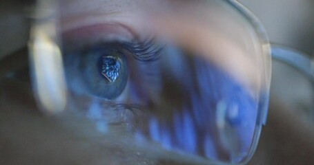 Person Glasses Looks Screen Flicker Close Up Eye Internet Addiction Browsing Late Night Online Trading Stock Market Business Ideas Financial Project Businessman Analyzing Data Reflection Hacker Crime - Powered by Adobe