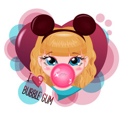 Cute little girl with blond curly hair, pink bubble gum bubble. Heart-shaped portrait of a beautiful girl in a headband with mouse ears