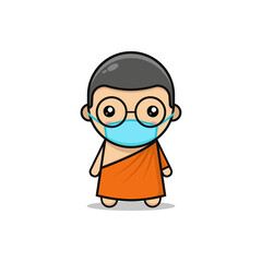 Kawaii illustration monk wearing medical face mask vector graphics