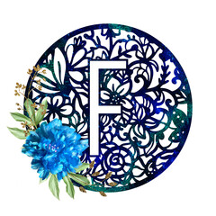 Lace circle blue letter F with blue flower peony and green leaves. Texture Monogram letter F. Printable design.
