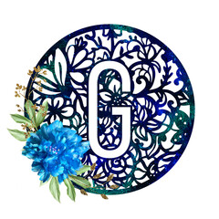 Lace circle blue letter G with blue flower peony and green leaves. Texture Monogram letter G. Printable design.