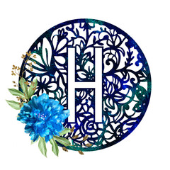 Lace circle blue letter H with blue flower peony and green leaves. Texture Monogram letter H. Printable design.