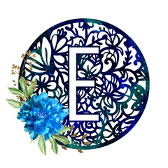 Lace circle blue letter E with blue flower peony and green leaves. Texture Monogram letter E. Printable design.