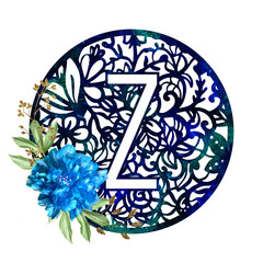 Lace circle blue letter Z with blue flower peony and green leaves. Texture Monogram letter Z. Printable design.