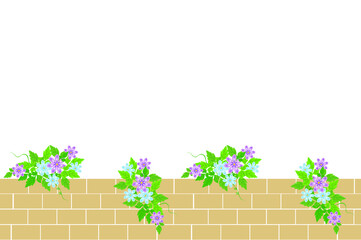 Brick fence and blue flowers with leaves. Seamless horizontal curb, vector illustration