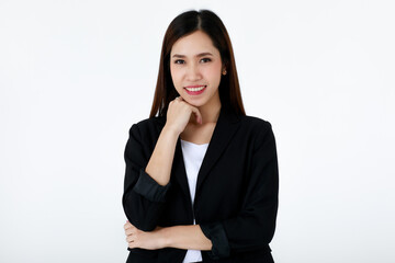 Fototapeta premium Portrait of an asian beautiful business woman with long hair wearing formal black suit, smiling with confidence, crossing her arms and put her chin on hand with isolated white background.