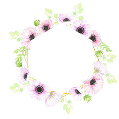 watercolor hand drawn anemone flower bouquet wreath geometry frame banner background
