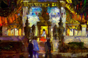 Fototapeta premium Landscape of the market at night, community market along the Mekong River Illustrations creates an impressionist style of painting.