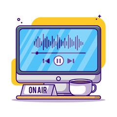 Listening Podcast on Monitor Vector Cartoon Illustration. Podcast Icon Concept White Isolated. Flat Cartoon Style Suitable for Web Landing Page,Listening Podcast on Monitor Vector Cartoon Illustration