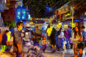 Obraz na płótnie Canvas Landscape of the market at night, community market along the Mekong River Illustrations creates an impressionist style of painting.