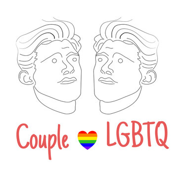 Two men with a rainbow heart, homosexual concept, coexistence lgbtq, with letters lgbt pride flag in illustration format.Colorful background design.