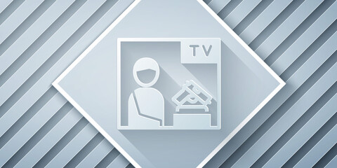 Paper cut Television advertising weapon icon isolated on grey background. Police or military handgun. Small firearm. Paper art style. Vector
