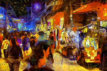 Landscape of the market at night, community market along the Mekong River Illustrations creates an impressionist style of painting.