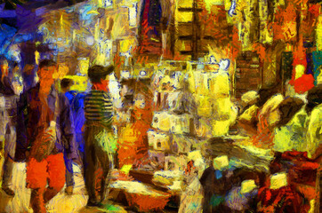 Fototapeta premium Landscape of the market at night, community market along the Mekong River Illustrations creates an impressionist style of painting.