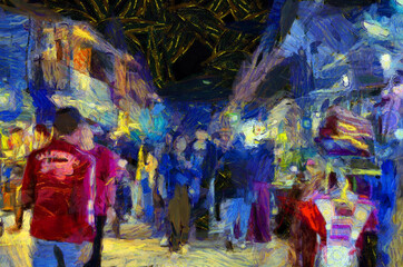 Landscape of the market at night, community market along the Mekong River Illustrations creates an impressionist style of painting.