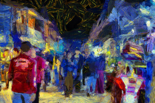 Landscape of the market at night, community market along the Mekong River Illustrations creates an impressionist style of painting. © Kittipong