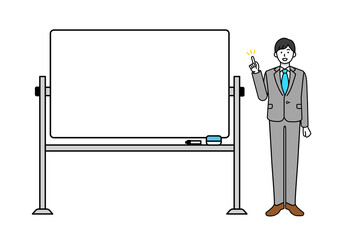 説明する男性会社員と白いホワイトボードのイラスト