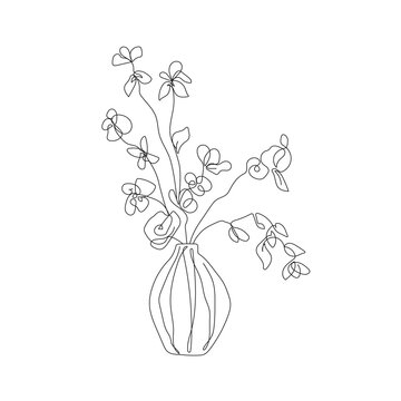 Vase with Flowers One Line Drawing. Hand Drawn Minimalism Style of Simple Flowers Line Art Drawing. Vector EPS 10