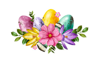 Easter composition with Easter eggs, spring flowers and plants. Hand painted watercolor. Botanical hand drawn illustration for invitations, prints, greeting cards