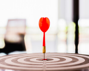 The dart board has an arrow thrown into the center of the shooting target for business targeting.	