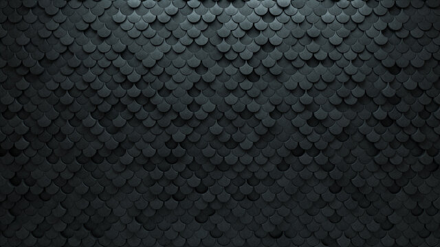3D, Concrete Wall background with tiles. Fish Scale, tile Wallpaper with Polished, Futuristic blocks. 3D Render