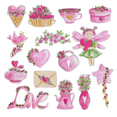 Obraz na płótnie Canvas Pink watercolor collection for valentines day and wedding. Hearts, flowers, romantic love set.