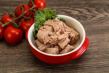 Canned tuna fillet in the bowl