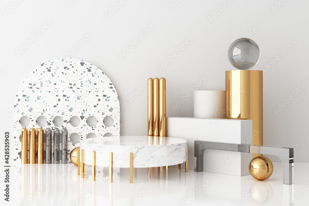 Wall mural mock up geometric shape gold and glass texture with white colour podium for product design, 3d rende