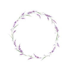 Delicate round frame of lavender flowers on a white background - obrazy, fototapety, plakaty
