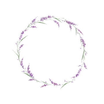 Delicate round frame of lavender flowers on a white background