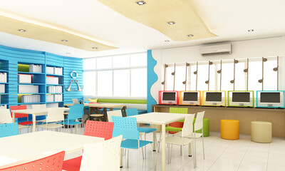 Kids school library interior design for student with colourful and wood. fun and ocean concept 3d rendering