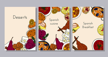 Fototapeta na wymiar Hand-drawn poster set with traditional Spanish cuisine dish and desserts. Design sketch element for menu cafe, bistro, restaurant, bakery and packaging. Colorful vector illustration.