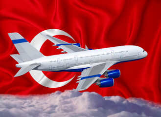 Turkey flag with white airplane and clouds. The concept of tourist international passenger transportation.