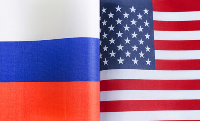 fragments of the national flags of Russia and the United States close-up