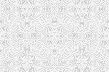 Volumetric convex white background. 3d embossed geometric graceful pattern with intertwining thin lines and abstract shapes. Ethnic minimalist elements for design and decor. 