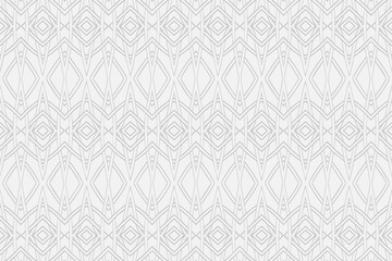 Volumetric convex white background 3D relief geometric pattern with intertwining lines and shapes Modern original ornament texture with ethnic minimalist elements for design.