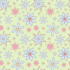 Fototapeta na wymiar Abstract fantasy flowers seamless pattern background. Stylized geometric floral motifs endless texture. Simplified editable repeating surface design. Flat boundless ornament for wrapping paper