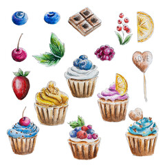 Watercolor set of colorful cupcakes, chocolate, berries and fruits
