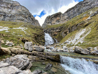 views of mountains, forests, waterfalls and natural pools in the Ordesa y Monte Perdido National Park, located in the Aragonese Pyrenees. in the province of Huesca, Spain
